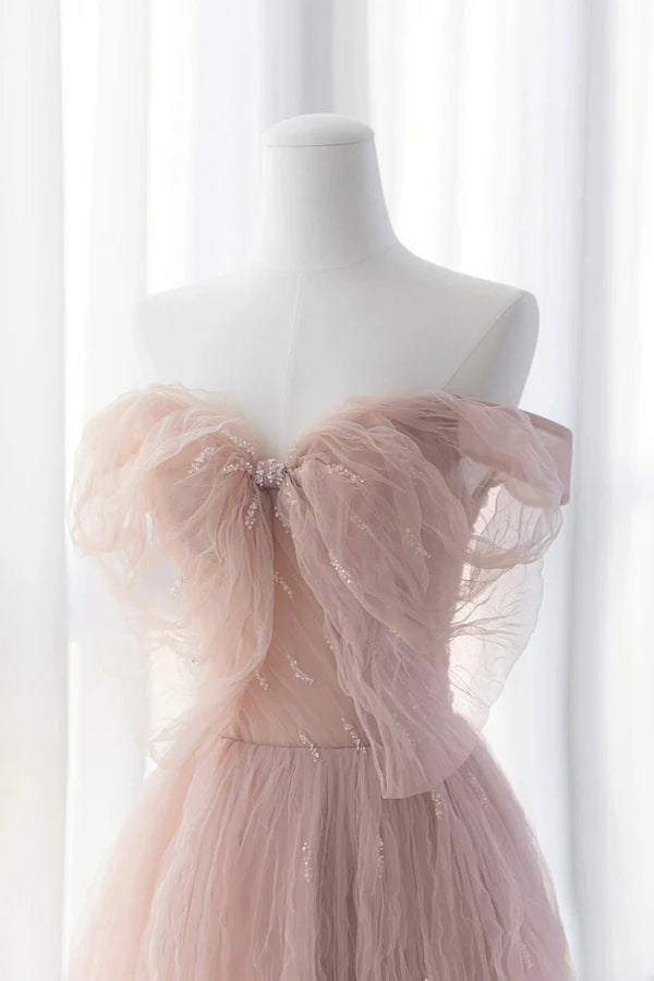 Wholesale Pink Tulle Long A-Line Prom Dresses Pink Evening Dresses with Bow